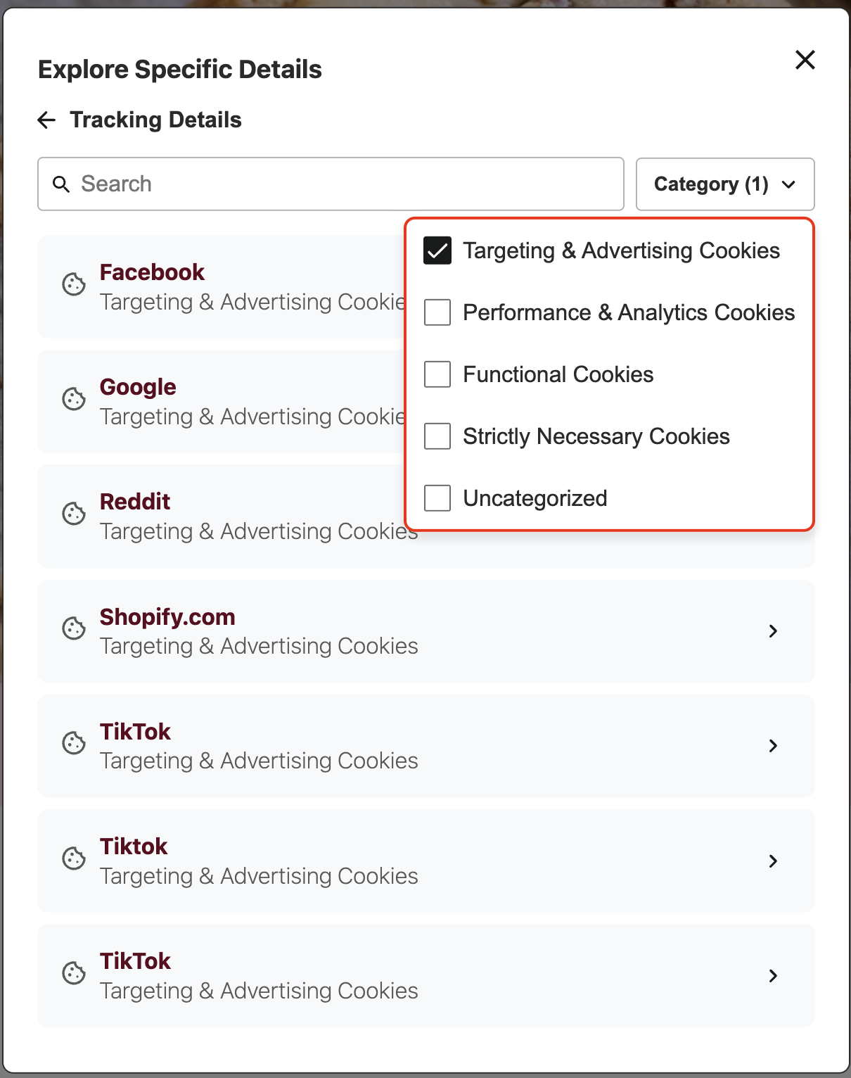 DG Tracking Details Category Dropdown Menu