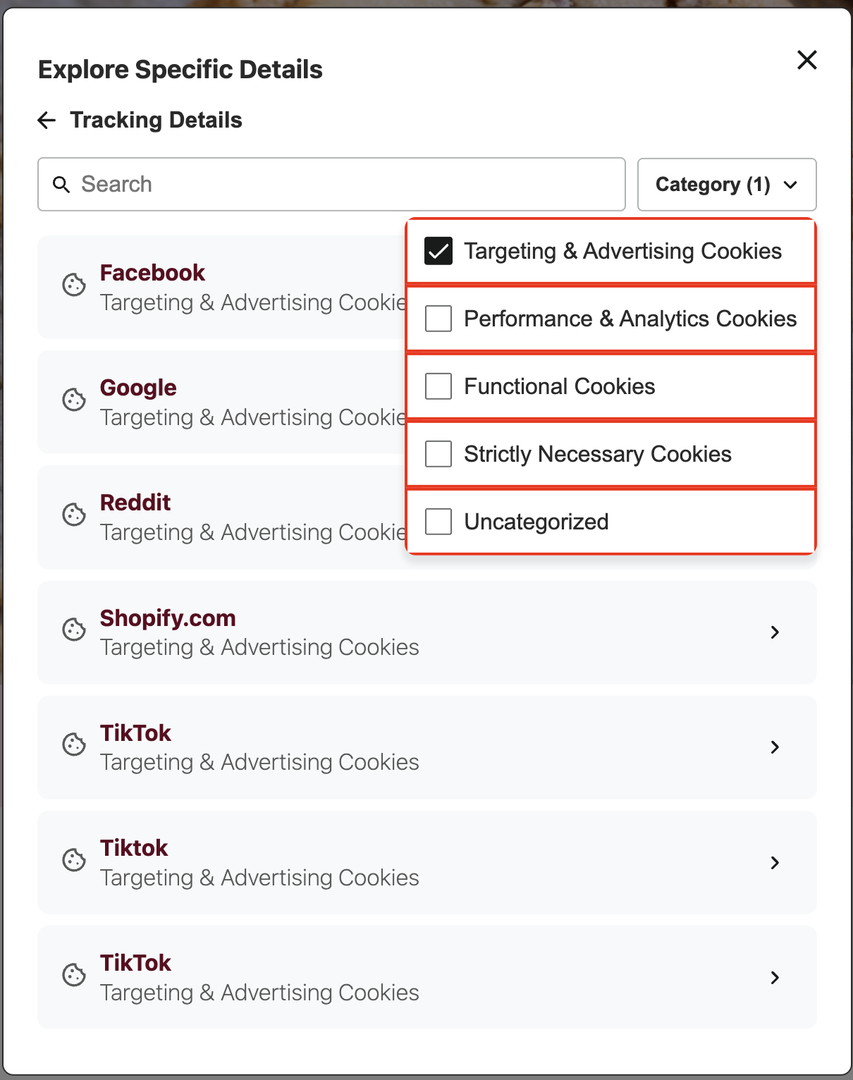 DG Tracking Details Category Dropdown Menu Item
