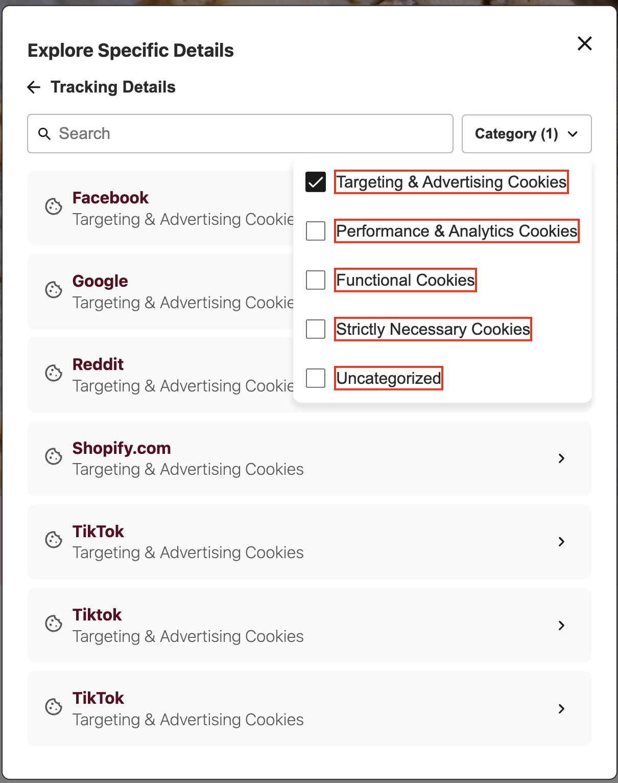 DG Tracking Details Category Dropdown Menu Item Text