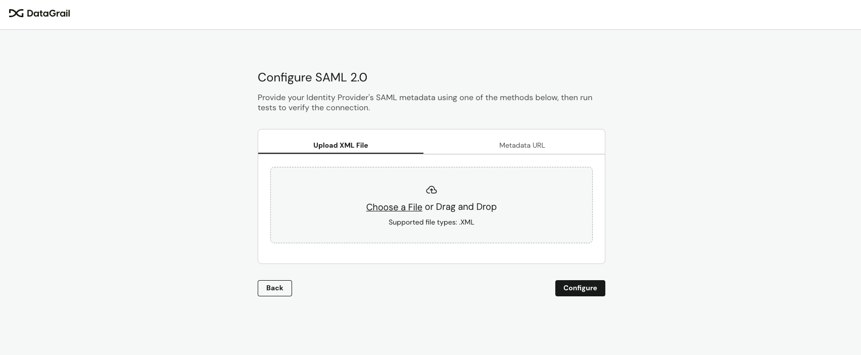 Self-service SSO configuration screen showing SAML 2.0 metadata upload