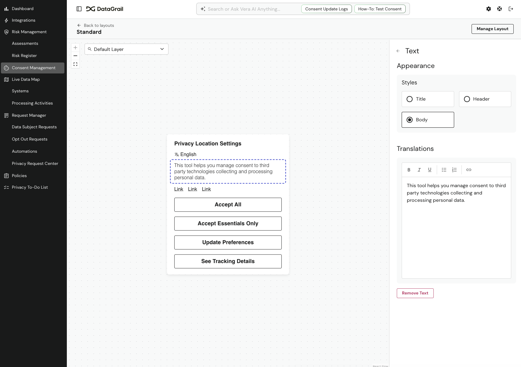 Rich text formatting in consent layout builder with translation support