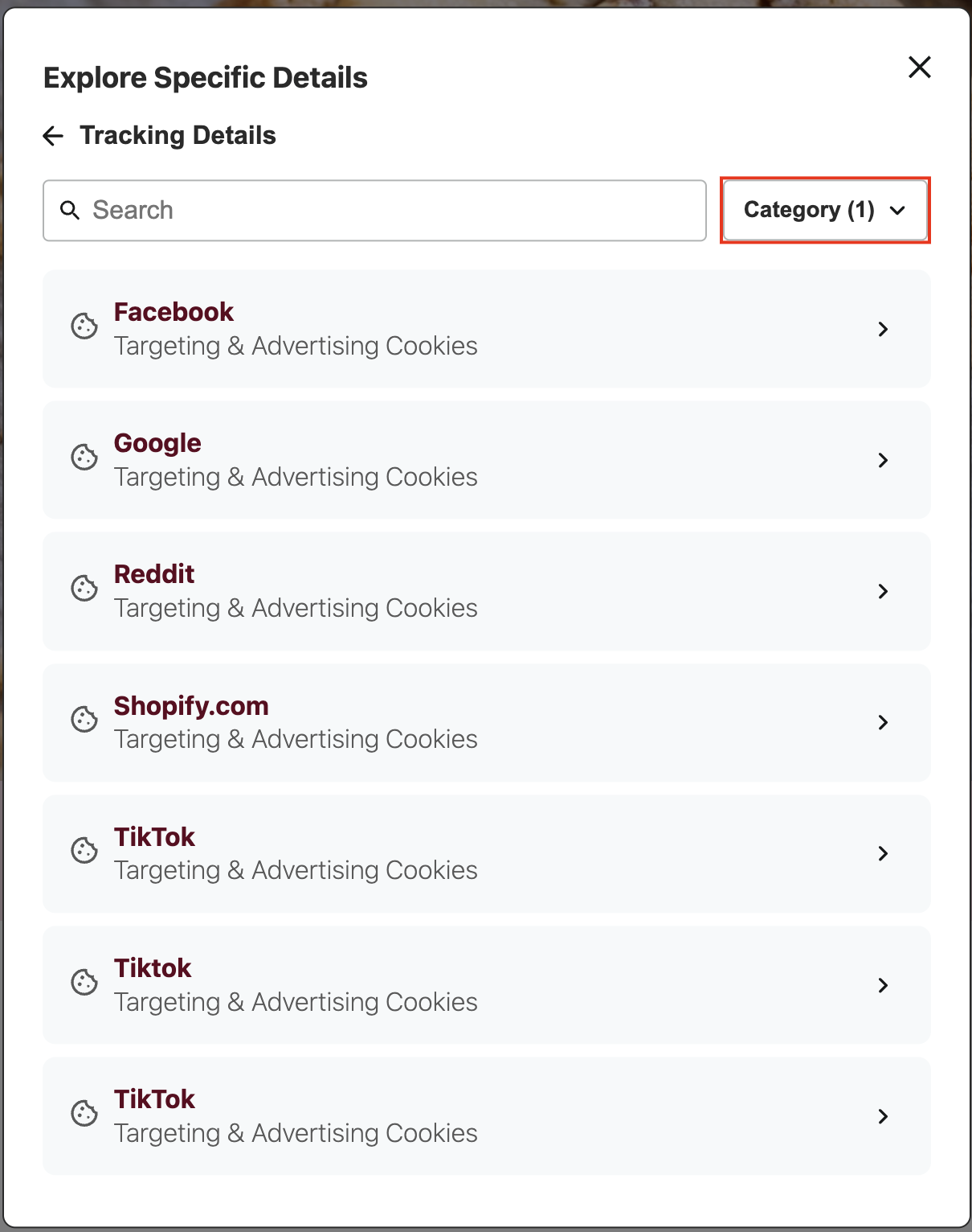 DG Tracking Details Category Dropdown