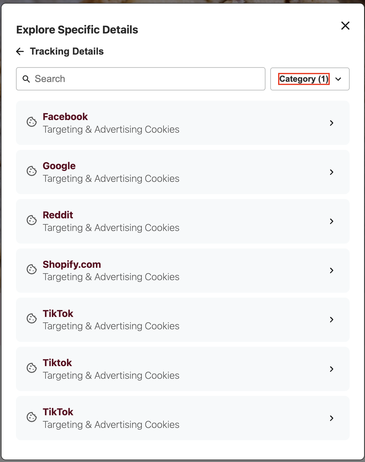 DG Tracking Details Category Dropdown Text