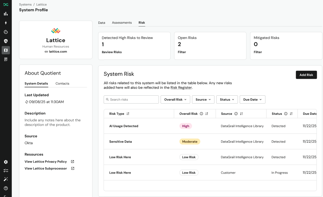 System profile risks tab