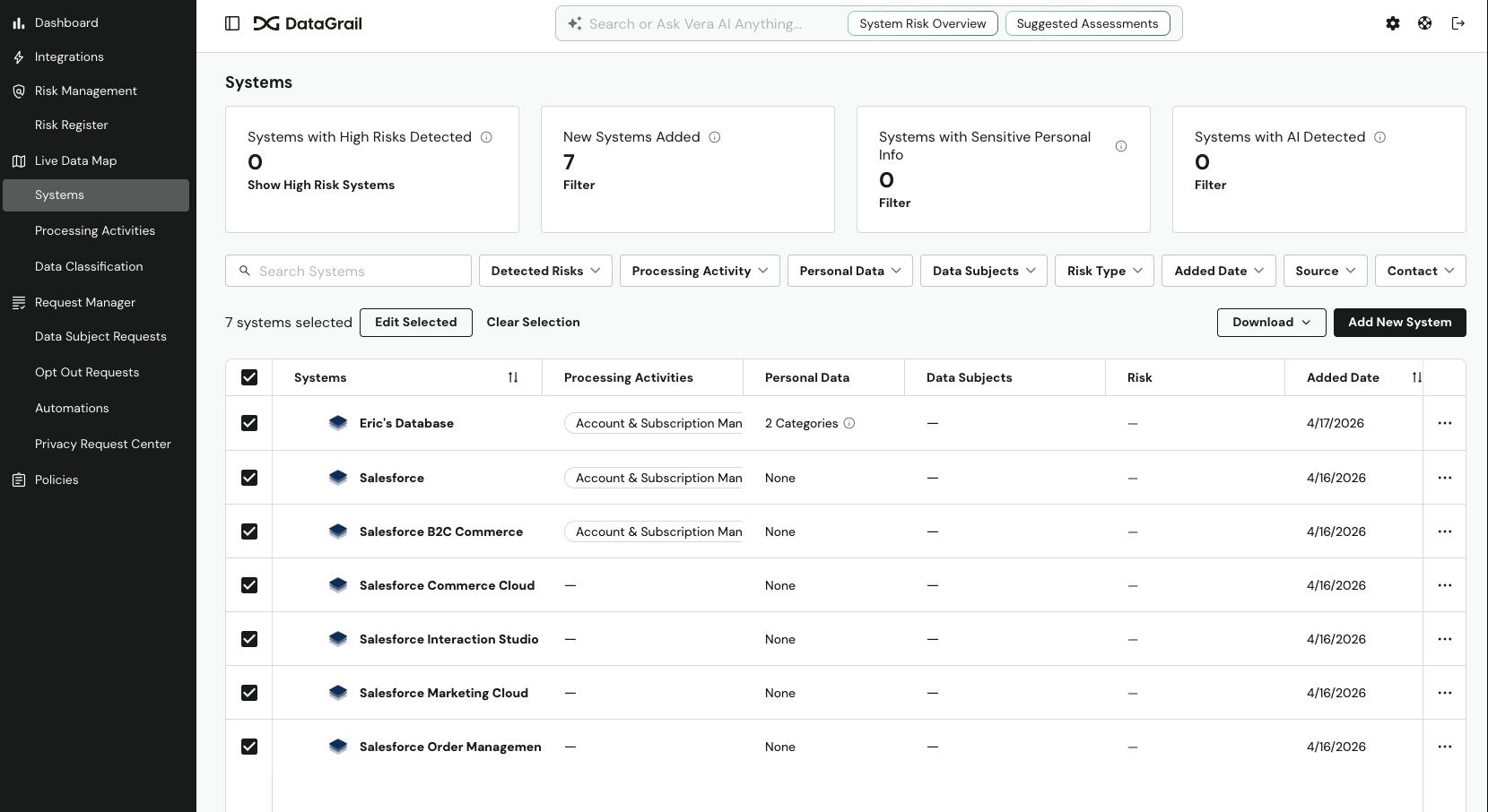 Systems selected with actions bar showing Edit Selected and Clear Selection