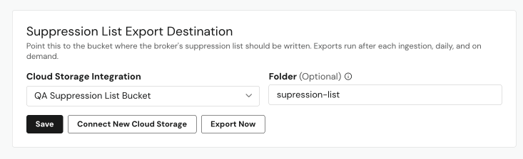 Suppression List Export Destination card with the Export Now button
