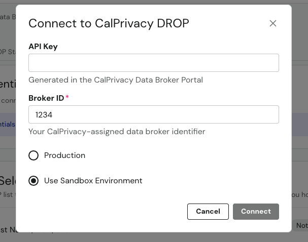 Connecting a broker registration to the DROP sandbox environment