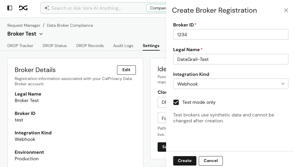 Creating a test broker registration with Test mode only selected