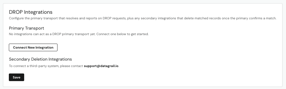 Connecting a primary transport integration under DROP Integrations settings