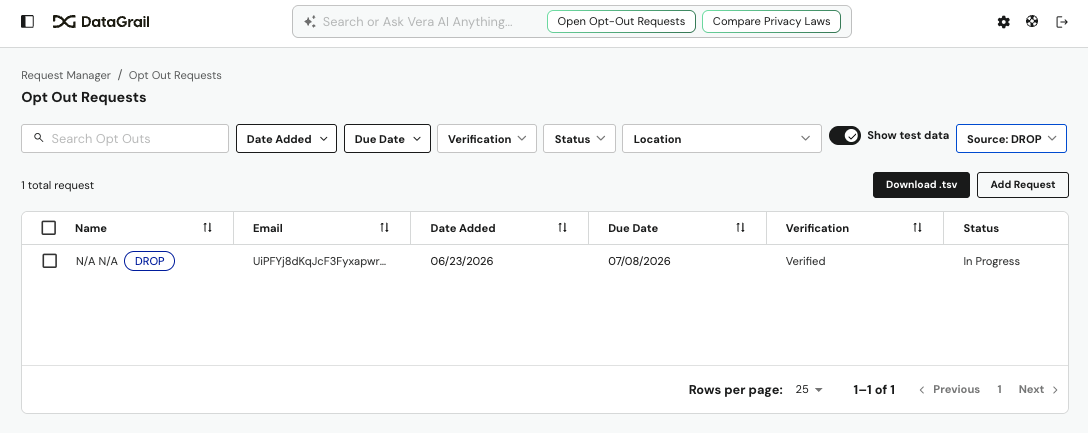 Filtering Opt Out requests by DROP source with Show Test Data toggled on