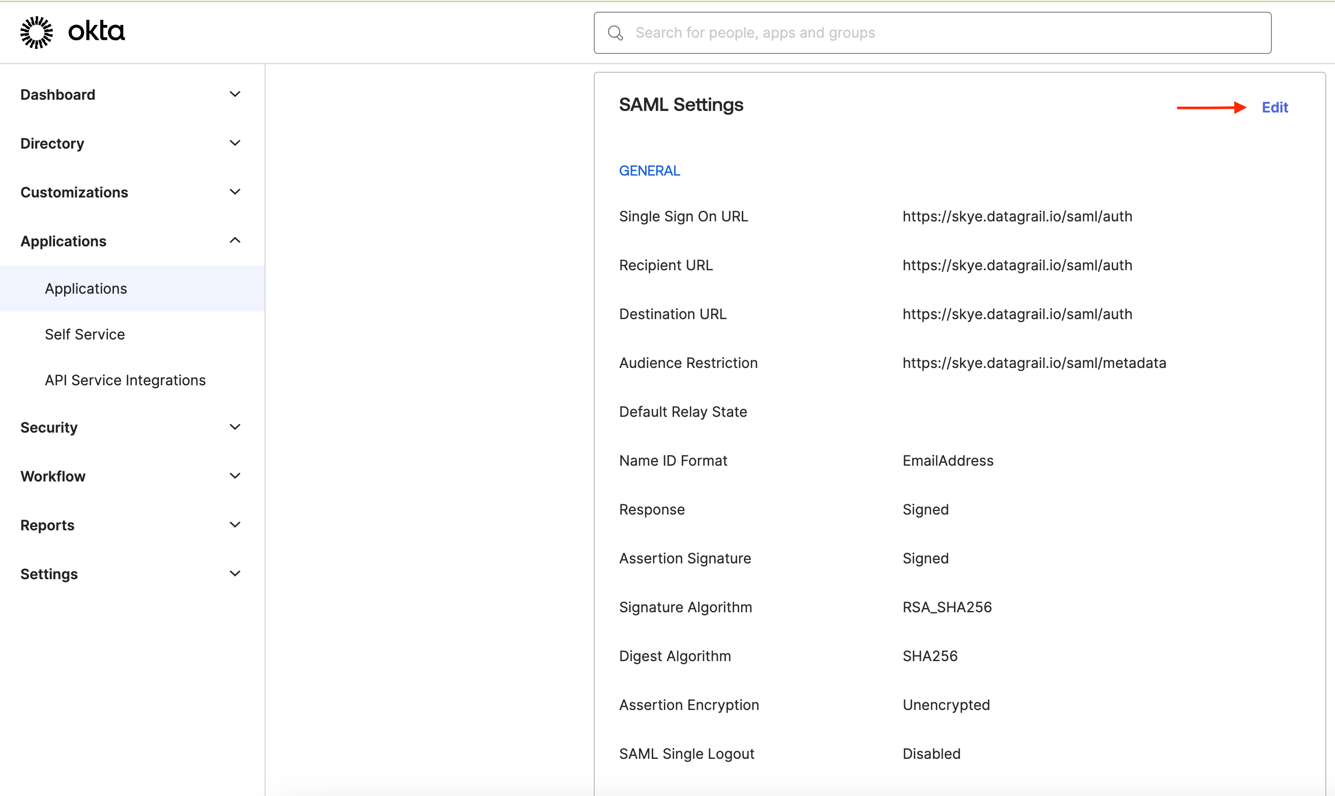 Edit SAML Settings