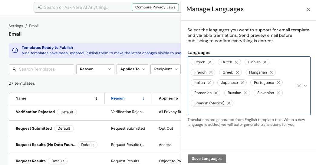 Email Template Manage Languages