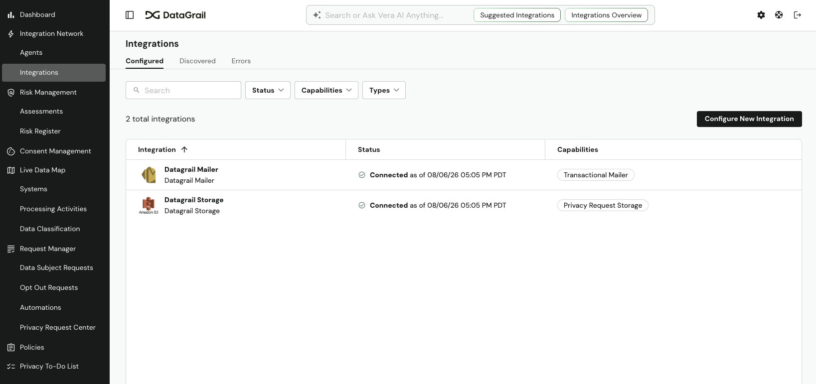 The Integrations page showing the Transactional Mailer and Privacy Request Storage Foundation Connections connected