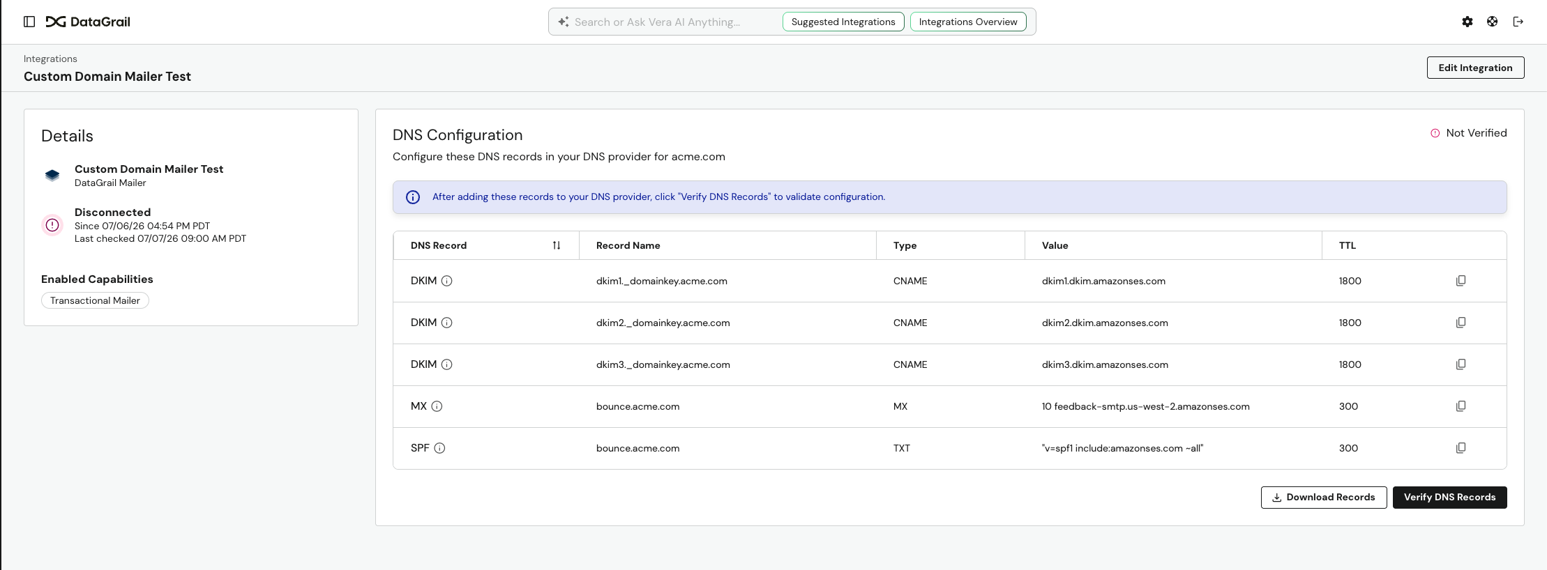 The DNS Configuration section on the DataGrail Mailer integration, listing the DNS records to add