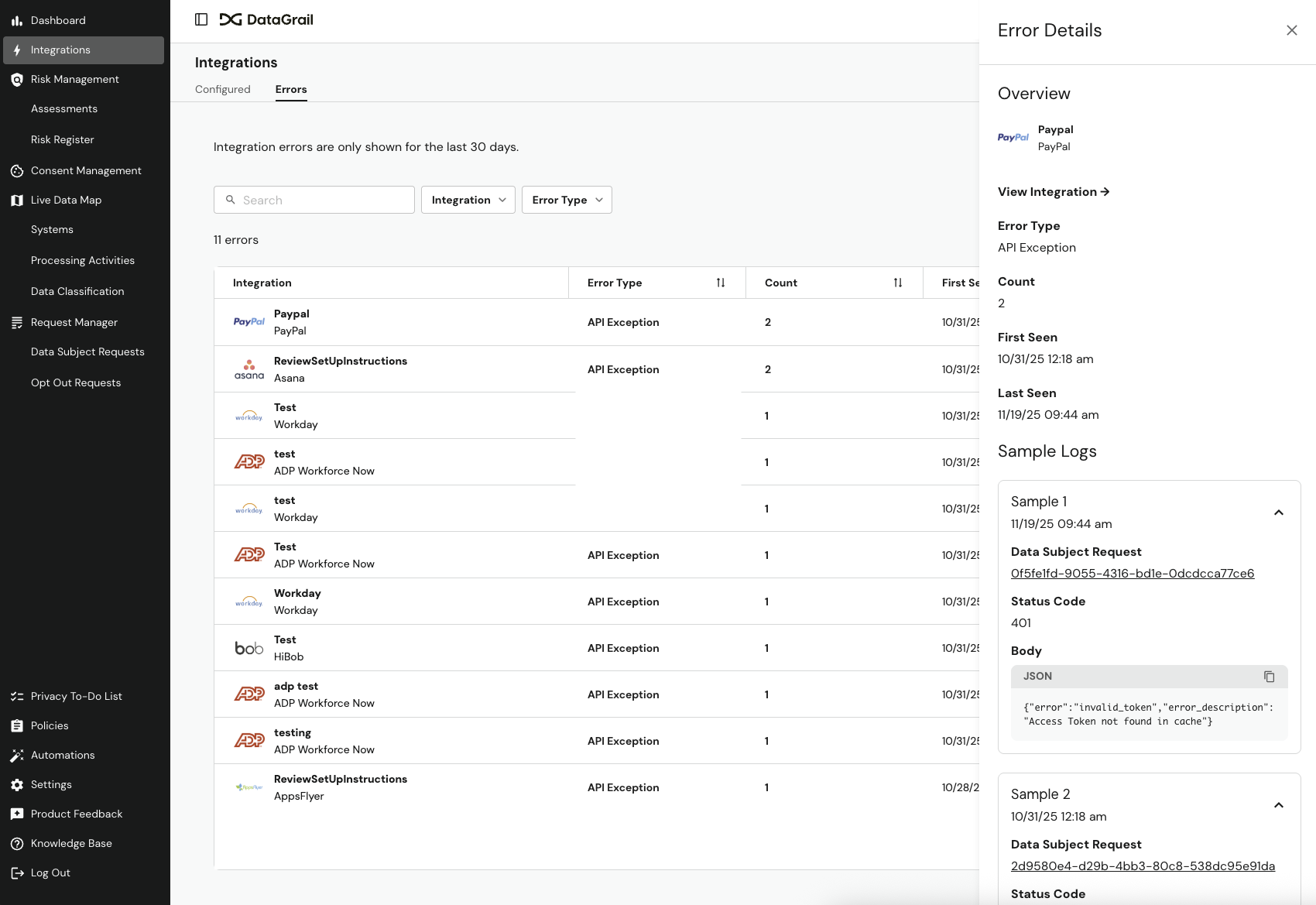 Integration Error Details