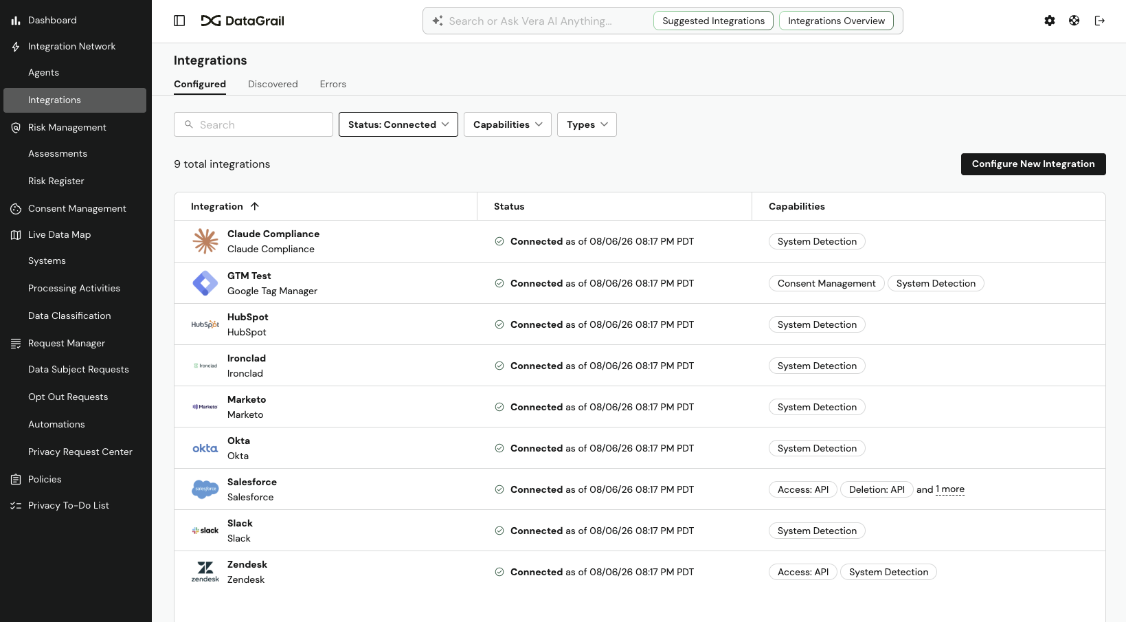 The Integrations page listing connected systems and their capabilities, such as System Detection and Access and Deletion via API