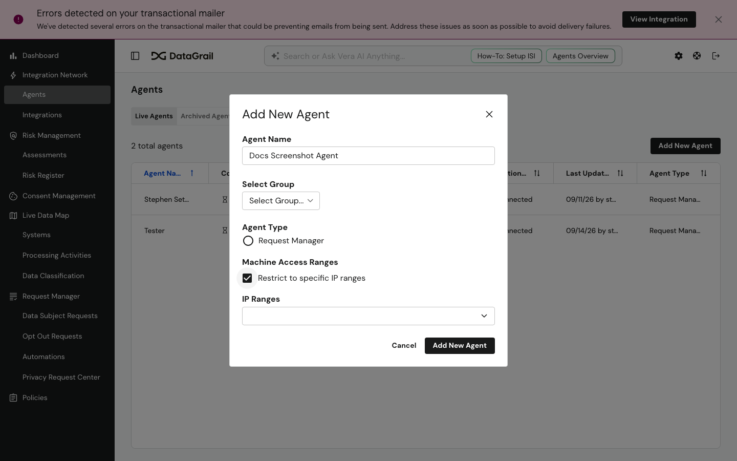 Add New Agent window with the Restrict to specific IP ranges checkbox
