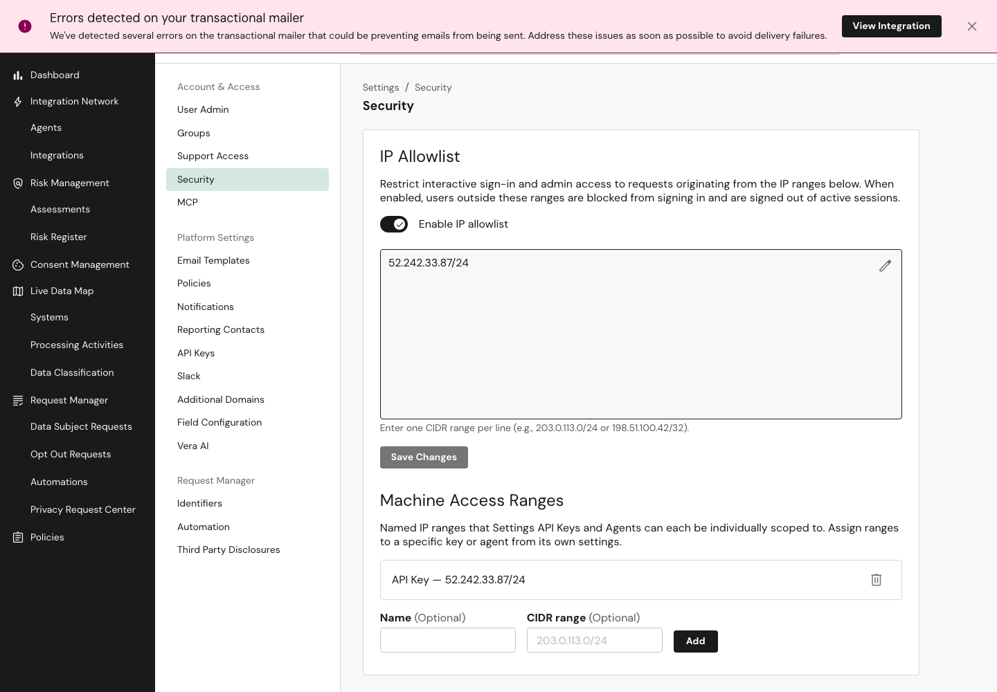 Machine Access Ranges catalog with a named range and Add fields