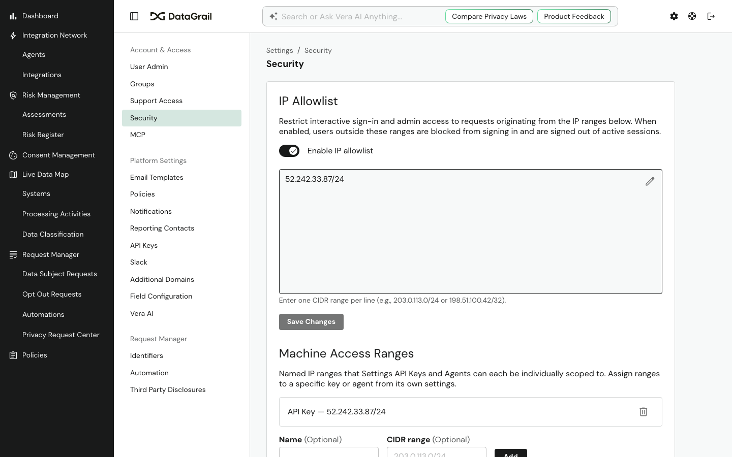 IP Allowlist field, read-only with an edit icon