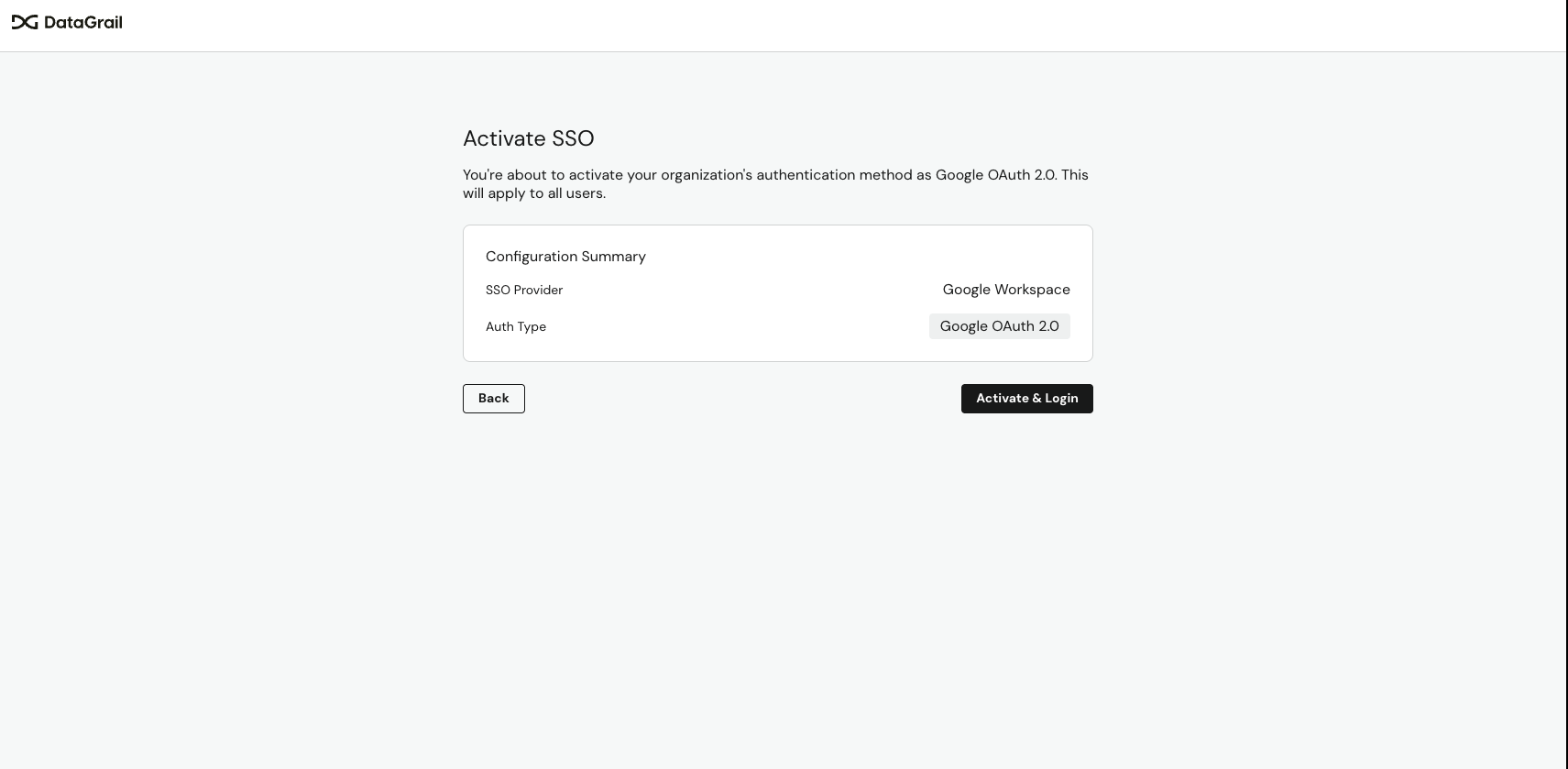 Activate SSO screen showing configuration summary with Activate and Login button