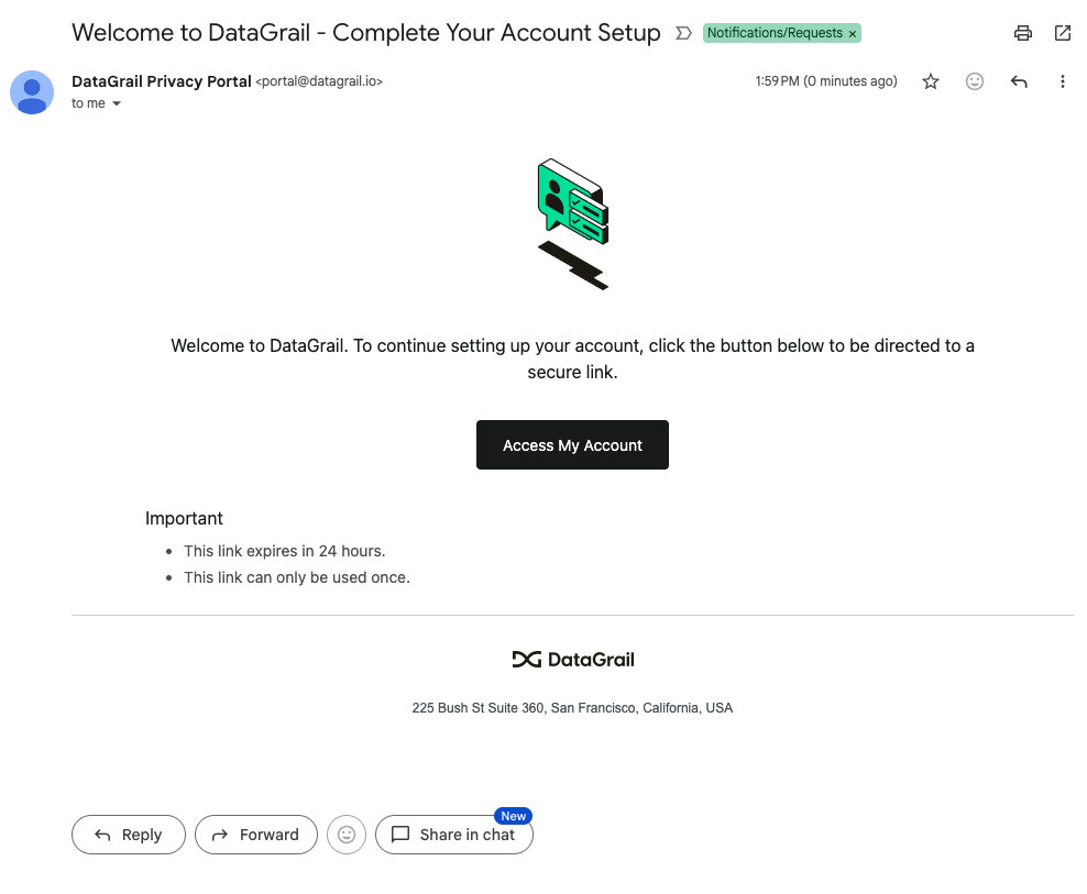 DataGrail onboarding invitation email with Access My Account button