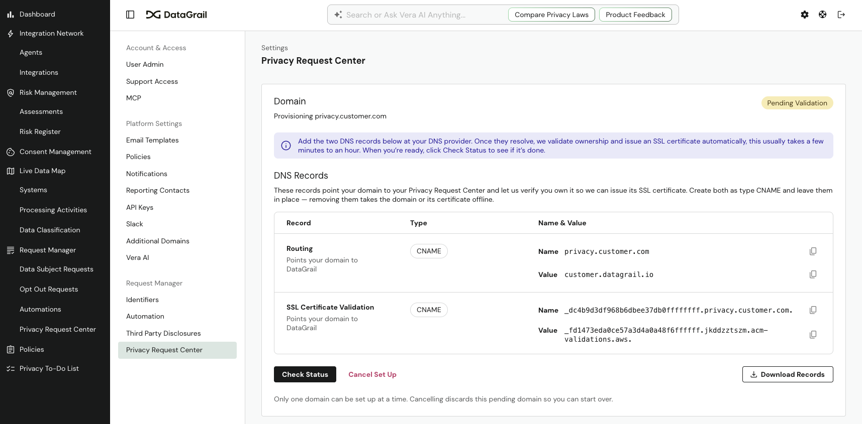 The DNS Records table listing the two CNAME records to add, with the domain in a Pending Validation state and a Download Records button