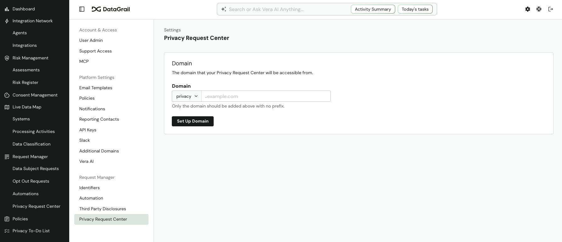 The Domain setup form on the Privacy Request Center settings page, with a prefix dropdown, a domain field, and a Set Up Domain button
