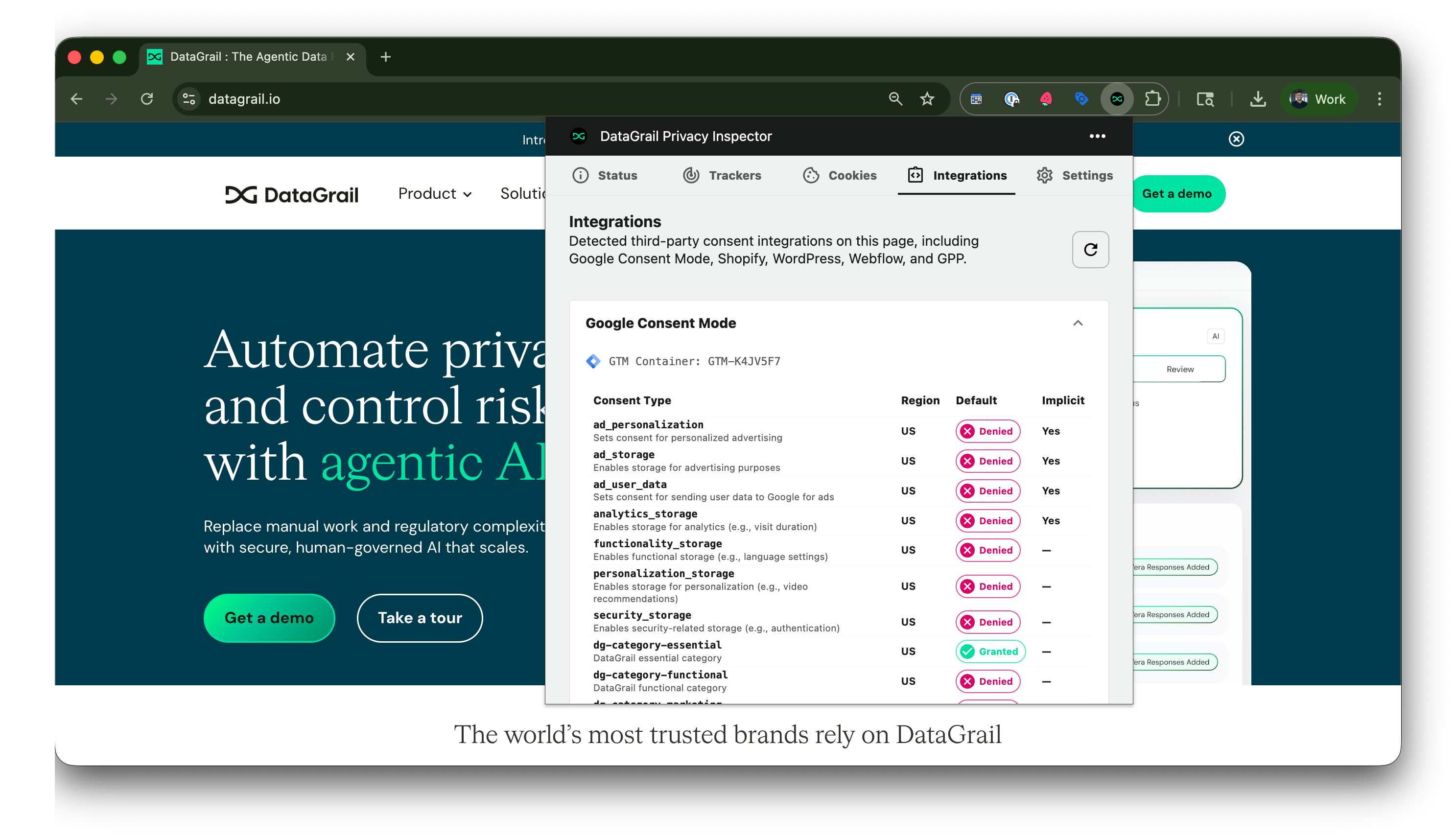 Privacy Inspector integrations tab