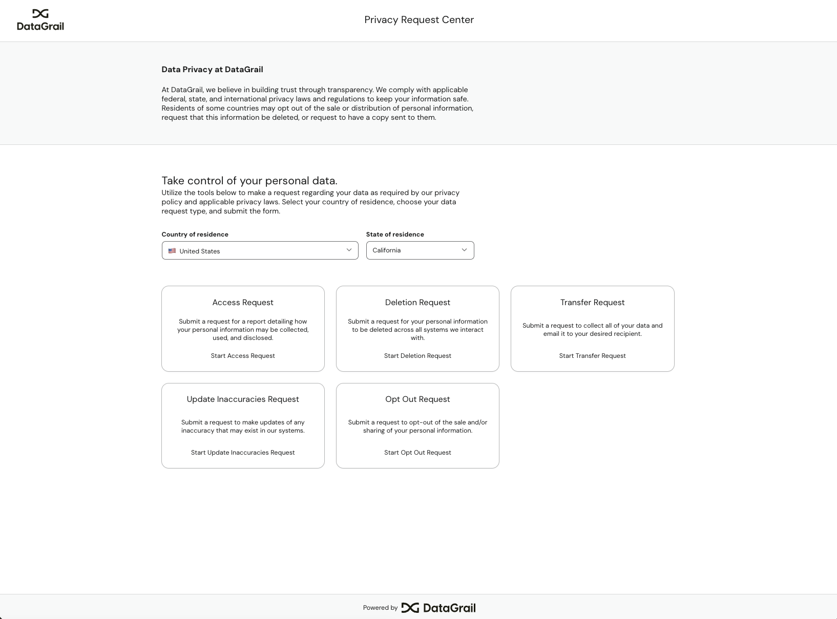 The Privacy Request Center form, where Data Subjects select their location and choose a request type such as Access, Deletion, or Opt Out