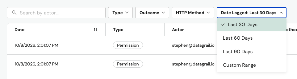 Date Logged filter with Last 30 Days, Last 60 Days, Last 90 Days, and Custom Range options