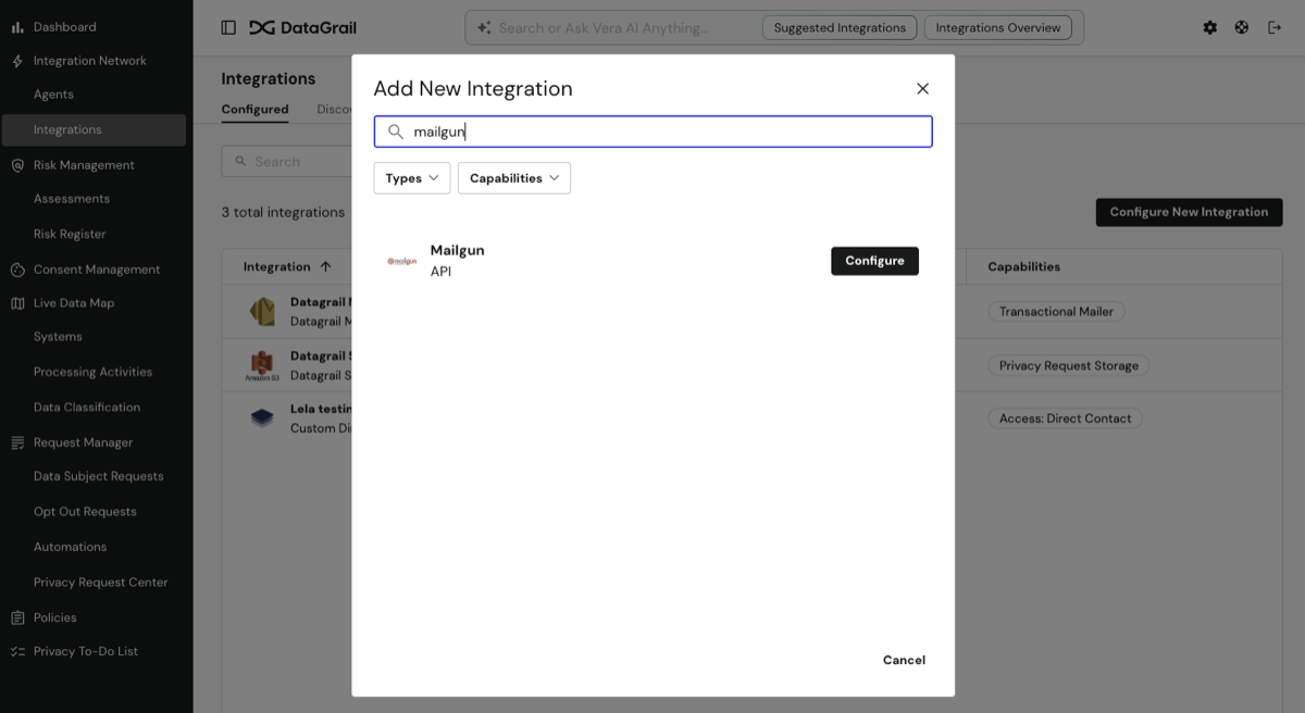 The Add New Integration window, showing an integration with Transactional Mailer and Privacy Request Storage capabilities