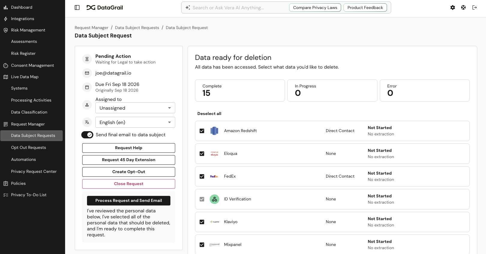 A Data Subject Request being processed, showing the data retrieved from each connected system and the option to select which data to delete