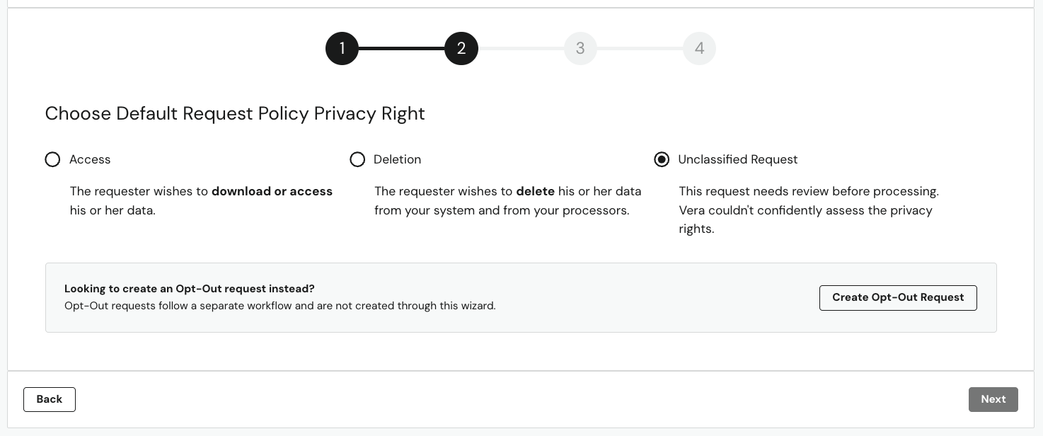 Request Wizard showing an Unclassified Request selected as the default privacy right